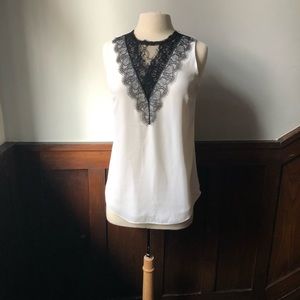 White House Black Market White and Black Lace Trim Top